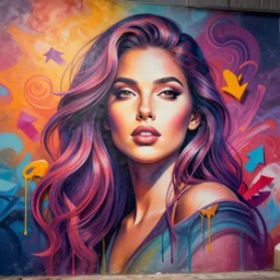portrait of a beautiful woman, three - dimensional, depth, shadows, arrows, paint drips, curves, flourishes, extreme wide angle, volumetric lighting, gradients, full mural, octane render 3 d, 4 k, highly detailed, graffiti style by daim and peeta