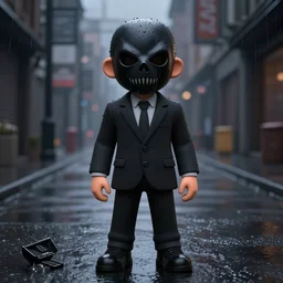 aesthetic, 1 7 - year - old wearing black suit and a black killer mask, in rainy, dark streets, hyper detailed 3 d render by unreal engine.