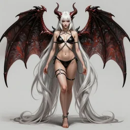 gorgeous!!! hyper - realistic woman as a chained demoness sorcerer wearing a bikini, short!!!! white hair + long bangs, dragon wings | morrigan aensland | art by jack kirby + akira toriyama + katsuhiro otomo + hirohiko araki | intricate, highly detailed, digital painting, smooth, sharp focus, hyper - realistic, symmetrical, full body, illustration, character design, concept art