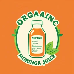 organic moringa juice logo template vector in the style of 60's 70's japanese Jazz album cover. Orange color green color. Nutrition facts