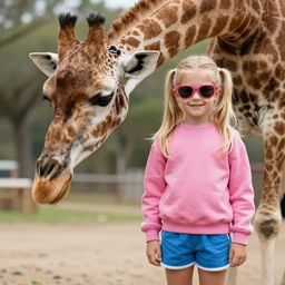 a little blonde girl with pigtails, wearing a pink sweatshirt, sunglasses, and blue shorts, standing next to her real giraffe, very detailed, annie leibovitz