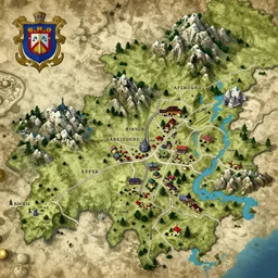 detailed map of the kingdom of almara with it's crest in the top left corner, mountains, villages, roads, 8 k render, medieval - fantasy