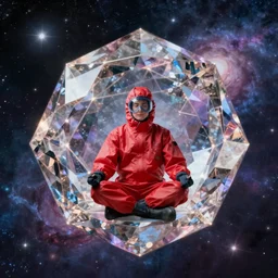 scientist wearing a red hazmat suit meditating on a giant geometric crystal with a nebula background by frank frazetta