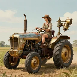 a woman driving a flying steampunk retrofuturistic tractor on farm, by syd mead and norman rockwell. highly detailed digital art. retrofuturism. beautiful lighting. trending on artstation.