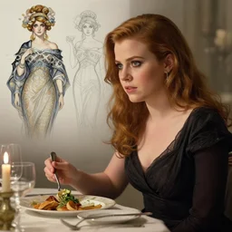 amy adams eating dinner, character sheet, character design, contrast, deep focus, turnaround, highly detailed, dramatic lighting, digital painting, artstation, concept art, matte, sharp focus, illustration, elegant, art by artgerm and greg f and alphonse mucha.