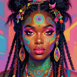 colorful character portrait of a black female hippie, set in the future 2 1 5 0 | highly detailed face | very intricate | symmetrical | cinematic lighting | award - winning | painted by mandy jurgens | pan futurism, dystopian, bold colors, cyberpunk, groovy vibe, anime aesthestic | featured on artstation