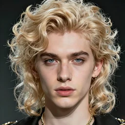 portrait of a beautiful cyberpunk androgynous prince Lucius with luscious blond fluffy curly hair by Mario Testino, but as photo, ca. 2055, close up, detailed, award winning, 82 mm sigma art