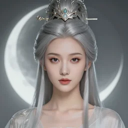 nymph of the moon, oriental beautiful face, wearing hair crown, silver hair, youthful attractive, clear symmetrical face portrait, muted colors, artstation, cgsociety, character concept art, highly detailed