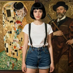 a girl with black hair pixie cut in shorts with suspenders drawn by bengus, norman rockwell, frank frazetta, peter paul rubens, alphonse mucha, gustav klimt 4k, unreal 5, DAZ, trending on artstation, octane render, hyperrealistic