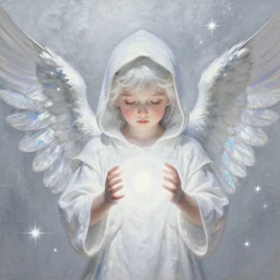 beautiful high details hyper realistic painting of white angel in the hood coming from space with giant ball of miracle light from the chest!!!!!, 4 k hd face!!!, cute face, no gender, giant silver holographic wings, by jan van eyck, holography space, white sparkles everywhere, thin strokes, high textures, silver background