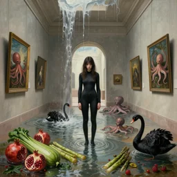 painting of a flooded renaissance art gallery and a tall emo girl wearing a catsuit, art gallery interior, paintings melting and dripping, waterfall, pomegranates, courgette and asparagus, octopus, zen, black swans, berries, 2 0 mm lens, surrealist, by magritte and monet