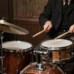 1940's musician playing drums, drumkit, drum sticks in hand, photorealistic art, hd, 8k, intricate details, high definition
