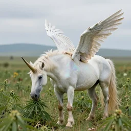 a iridescent unicorn with wings eating in a field of marijuana, wildlife photography, 8 k, highly detailed