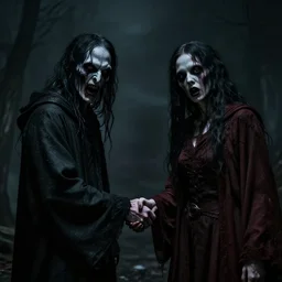 two demons shaking hands and looking at the camera, dark, nightmare fuel, scary, horror,