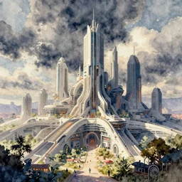 watercolor futuristic city