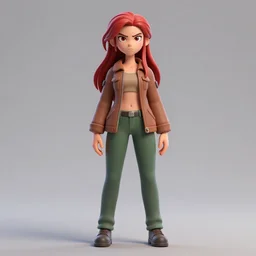 3d model of a full-body shot of an attractive tomboy girl with long, crimson red hair and red eyes, wearing a brown, open jacket and green jeans with a stern look, concept art, character design, by WLOP, by Ross Draws, by Tomine, by Satoshi Kon, by Rolf Armstrong, by Peter Andrew Jones