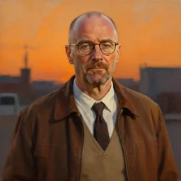 painting of saul goodman, rembrandt, artstation, photorealistic painting, evening shot, orange lighting