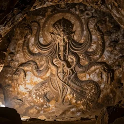 an gigantic ancient cave drawing showing Cthulhu