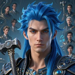 will to win, male portrait, azure. detailed hair, fractal hammer, intricate environment, fantasy art by ilya kuvshinov, peter mohrbacher, greg rutkowski, ross tran, craig mullins, thomas kinkade, victo ngai. unreal engine 5 highly detailed, blender, octane, ray tracing. sharp focus, masterpiece, post processing