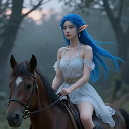 a beautiful young asian elf woman with blue hair and elf ears, riding a horse in a hazy forest at dusk, digital art by Gil Elvgren