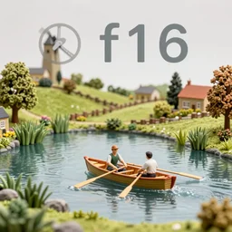 3 d diorama model of two men rowing a boat across a small lake in the english countryside, high quality photograph, f 1 6, studio lighting