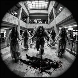 camera footage of a several weeping angels, False Human Features, Phasing through walls and floor in an abandoned shopping mall, Psychic Mind flayer, Terrifying, Insanity  :7 , high exposure, dark, monochrome, camera,  grainy, CCTV, security camera footage, timestamp, zoomed in, Feral, fish-eye lens, Fast, Radiation Mutated, Nightmare Fuel, Ancient Evil, No Escape, Motion Blur, horrifying, lunging at camera :4 bloody dead body, blood on floors, windows and walls :5