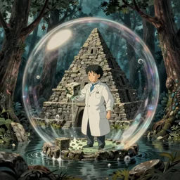 pov hyperrealist, dull colors, interior shot from howls moving castle 2 0 0 4 of a scientist dripping out of a cubic bubble in a flooded woodland stonehenge pyramid. bubble.