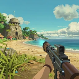 game trailer of a semi realistic first person studio ghibli, pixar and disney animation, sharp, shooter game trailer on a shining beach, beach landscape, rendered in unreal engine 5, cinematic lighting, ray tracing, unreal engine 5, photorealistic