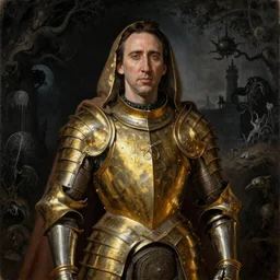Nicolas Cage in a gold armor, religious masterpiece portrait, oil on canvas, occult night, in the world of Andrew Wyeth and Dark Souls, artstation, by J. C. Leyendecker and Peter Paul Rubens,