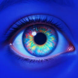 the image is of an eye whose pupil is a swirling rainbow. the background is a deep blue, and the overall effect is of a psychedelic nature.