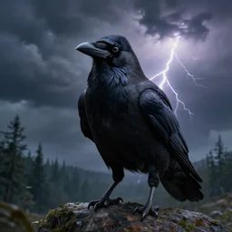a close up portrait of an angry crow!!!, standing on a rock in a storm, lightning, dramatic clouds, digital matte painting, fantasy art, moody, dark, brooding, forests, trending on artstation, cgsociety, unreal engine
