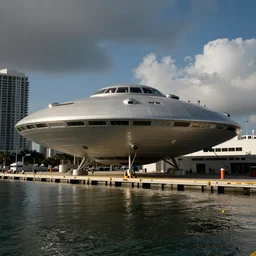 high resolution photo of a UFO ship docked in harbor in Miami.