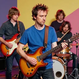 Colorfull art by Radiohead, Thom Yorke (guitar), Jonny Greenwood (lead guitar), Colin Greenwood (bass), Ed O'Brien (guitar), Philip Selway (drums), realistic, hyperrealistic, highly detailed, very detailed, ultra detailed, color by Stanley Donwood