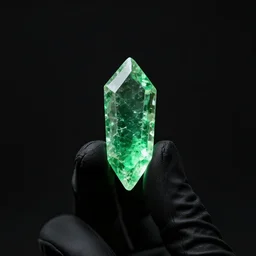 a glowing green shard of kryptonite held between the fingers of a black - gloved hand, black background