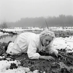 1 9 6 0 s movie still of a frozen elder woman in white dress crawling in a swamp with snow, cinestill 8 0 0 t 3 5 mm black and white, heavy grain, high quality, high detail, mud, foggy, by andrei tarkovsky