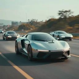 futuristic sci - fi vehicles on roads, driving, cinematic, realistic, hd, shallow depth of field, teal and orange colour grading
