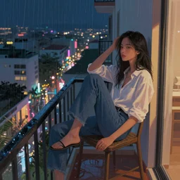a beautiful artwork of a woman in jeans and white shirt sitting on the balcony of a hotel at night, top view, neon and rainy theme atmosphere by Jerome Opeña, featured on artstation