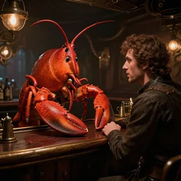 a giant lobster with feminine features talking to a man in a dark steampunk bar