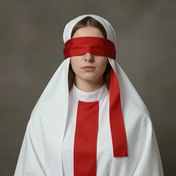 portrait of a ( blindfolded ) priestess, dressed in white and red, by nikolay makovsky.