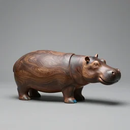 a zoomed out studio product shot of a minimalist carved hippopotamus, made from cherry wood and blue resin, in profile, like a catalog photograph, mostly wood, with a smooth featureless minimalist look