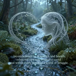 love between us is speech and breath. loving you is a long river running in world of dew, and within every dewdrop a world of struggle., fantasy intricate elegant under, lush volumetric lighting 3 d modelling