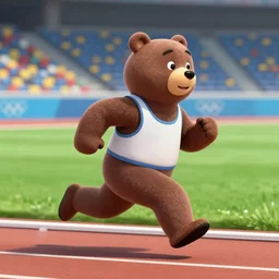 A sportsman bear character running on a stadium. Resembling 1980 olympics bear. In the style of Pixar.