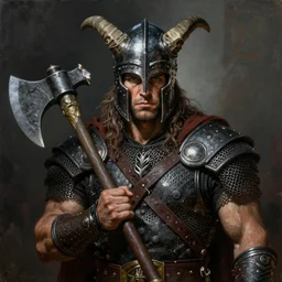 a photorealistic painting of conan the reaver, in a horned helmet, rough chainmail armor, wielding an axe, extremely muscular male fantasy hero, extremely detailed, mixed media style comic book artwork, artstation, medieval fantasy art, sharp focus, perfectly symmetrical facial features, melancholy lighting, art by barry windsor - smith and bill sienkiewicz, hyperrealism, dark fantasy, menacing