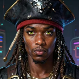 african space pirate, science fiction, highly detailed, digital painting, beautiful eyes, symmetry, concept art, sharp focus, illustration, global illumination, radiant light, synthwave colors, detailed and intricate environment, art by artgerm and greg rutkowski and magali villeneuve and ilya kuvshinov!