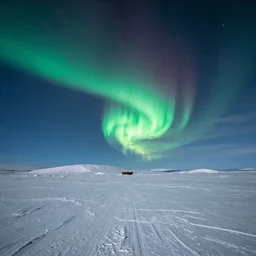 A national geographic photo of the vast snowy arctic desert at night with the clear weather and northern lights, Trending on artstation.