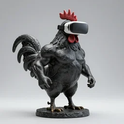 a portrait of monumental muscular rooster antique statue in shape of creative man, vr helmet on man, black rock statue material, studio light, hasselblad photo, 8 k resolution, octane render, character design, digital art, logo design