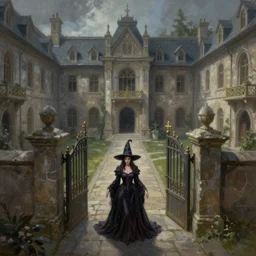 a huge courtyard with gates and a beautiful witch queen, detailed 4 k painting, dramatic light, style of gerald brom