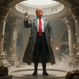 photograph depicting donald trump as baron harkonnen, floating inside of house harkonnen