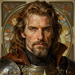 realistic detailed face portrait of a mature rugged handsome wizard in ornate leather armor by alphonse mucha, ayami kojima, amano, greg hildebrandt, and mark brooks, male, masculine, art nouveau, neo - gothic, gothic, character concept design