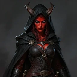 masterpiece portrait of a surly and resentful female tiefling thief with red skin wearing a black hooded cloak and a thief's leather garb with horns sticking out of the hood, grumpy body language, by Greg Rutkowski, as seen on ArtStation, 4k, dungeons and dragons, very aesthetic, very detailed, intricate, unreal, fantasy, dramatic, painterly, artstation, sharp focus, smooth